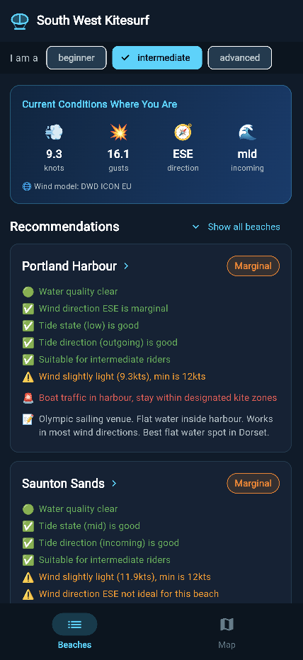 South West Kitesurf app — live conditions